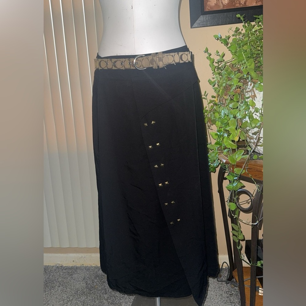 Euro vintage Black Asymmetrical Studded Midi Skirt